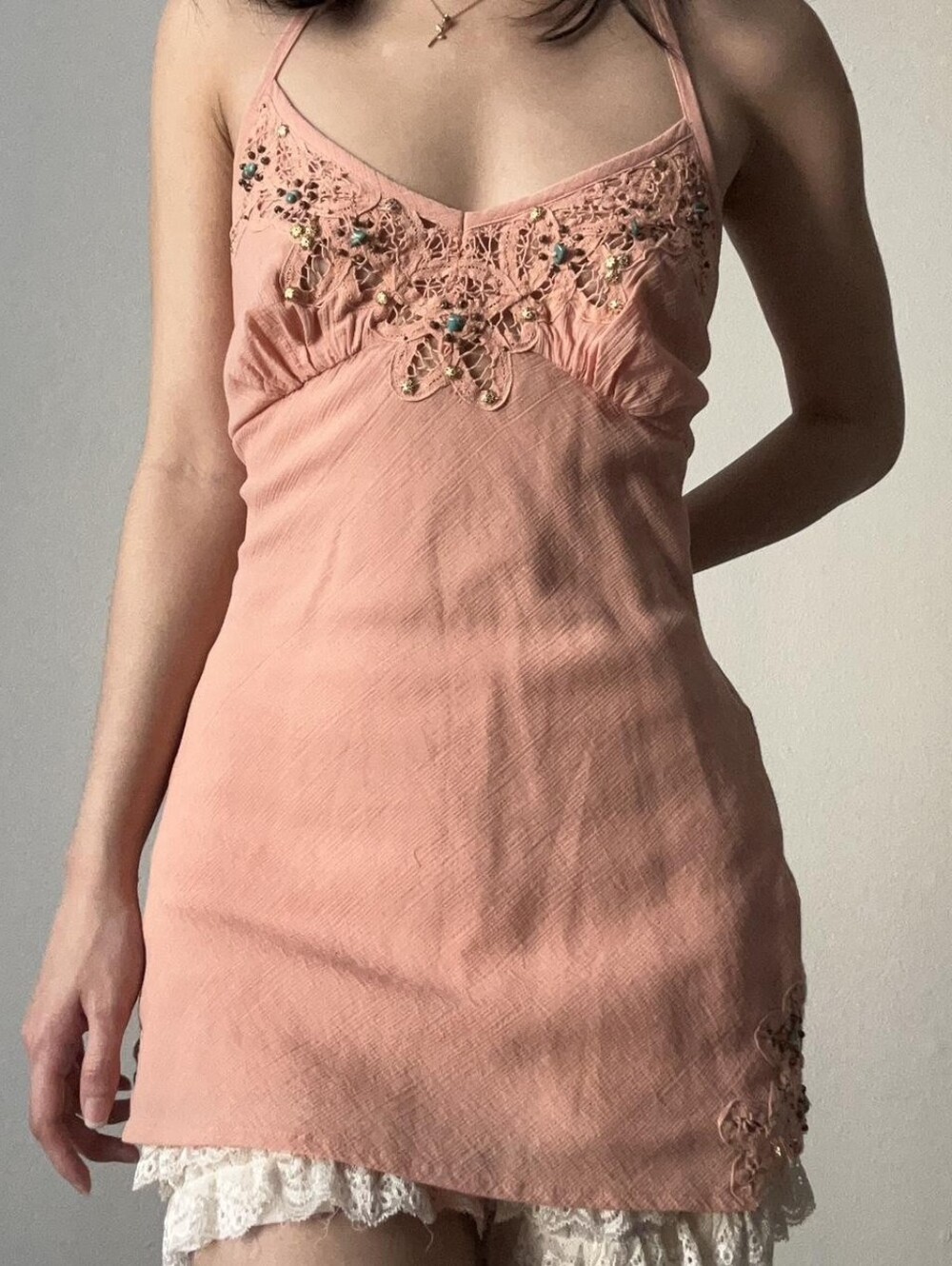 Express Y2K Peach Crochet Cotton Silk Halter Camisole with Bead Embellishments M